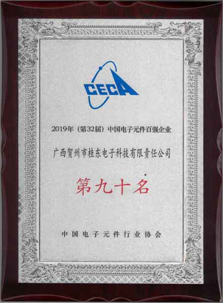 2019年獲第32屆中國電子元件百強(qiáng)企業(yè)第九十名獎